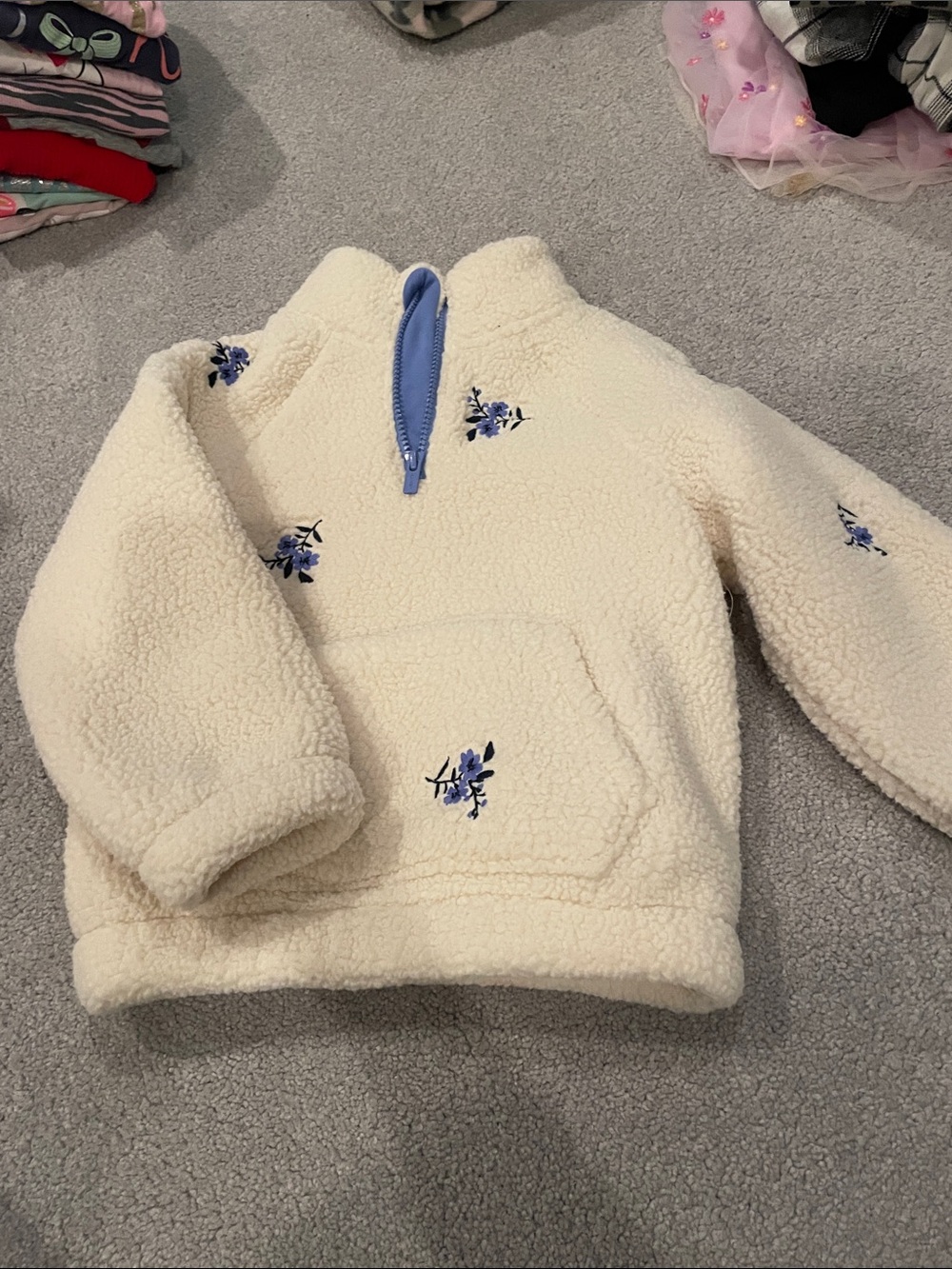 Old Navy Cream Sherpa Pullover with Blue Floral Accents